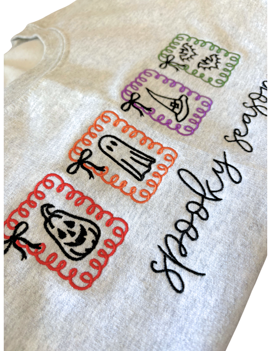 Spooky Season Embroidered Crewneck | Retro Halloween Pumpkin Ghost Witch & Bats Sweatshirt