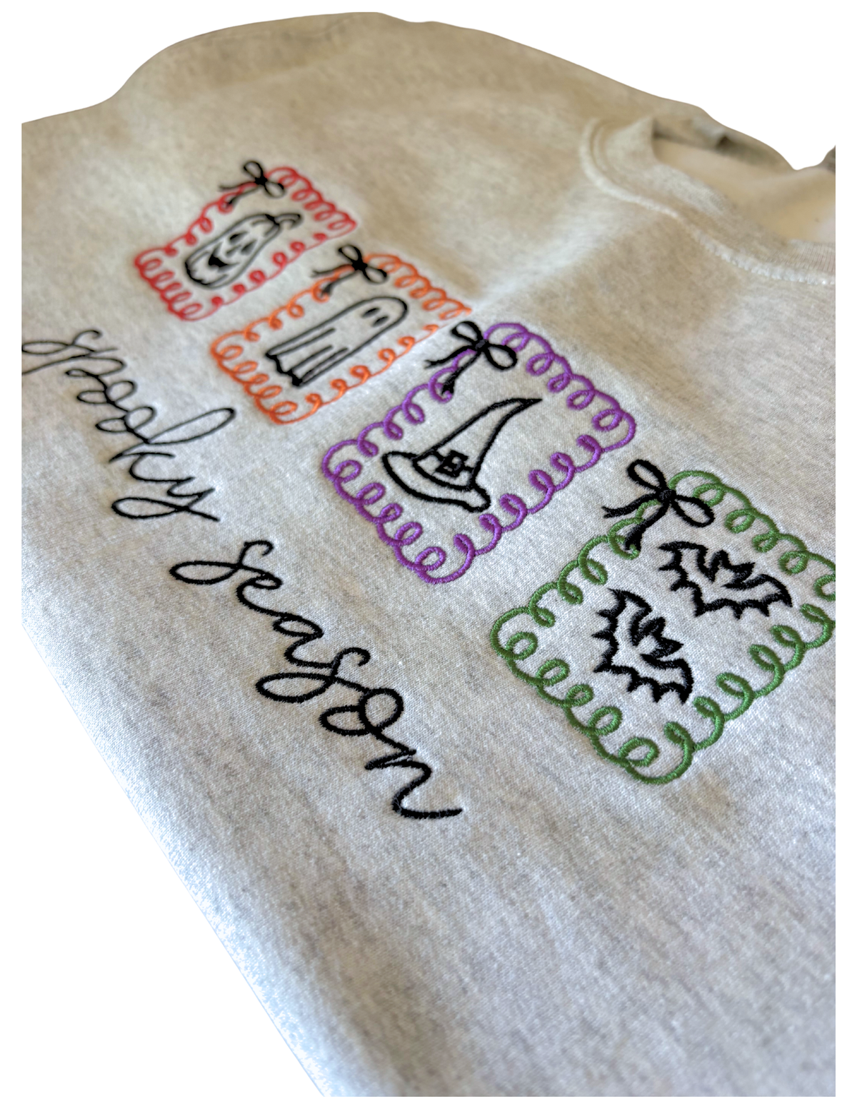 Spooky Season Embroidered Crewneck | Retro Halloween Pumpkin Ghost Witch & Bats Sweatshirt