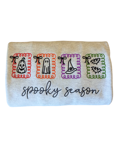Spooky Season Embroidered Crewneck | Retro Halloween Pumpkin Ghost Witch & Bats Sweatshirt