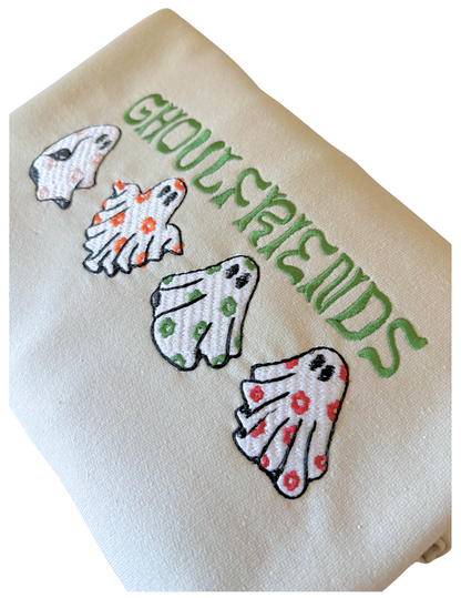 Ghoul Friends Embroidered Crewneck Sweatshirt | Retro Floral Ghost Halloween Crewneck